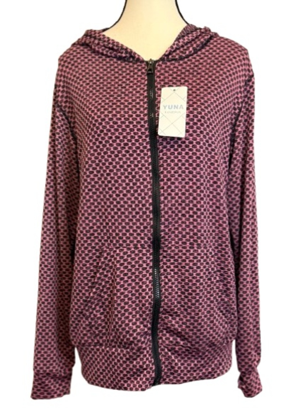 Yuna Fashion Pink Black Pattern Zip Hoodie Women’s Large Lightweight Athletic